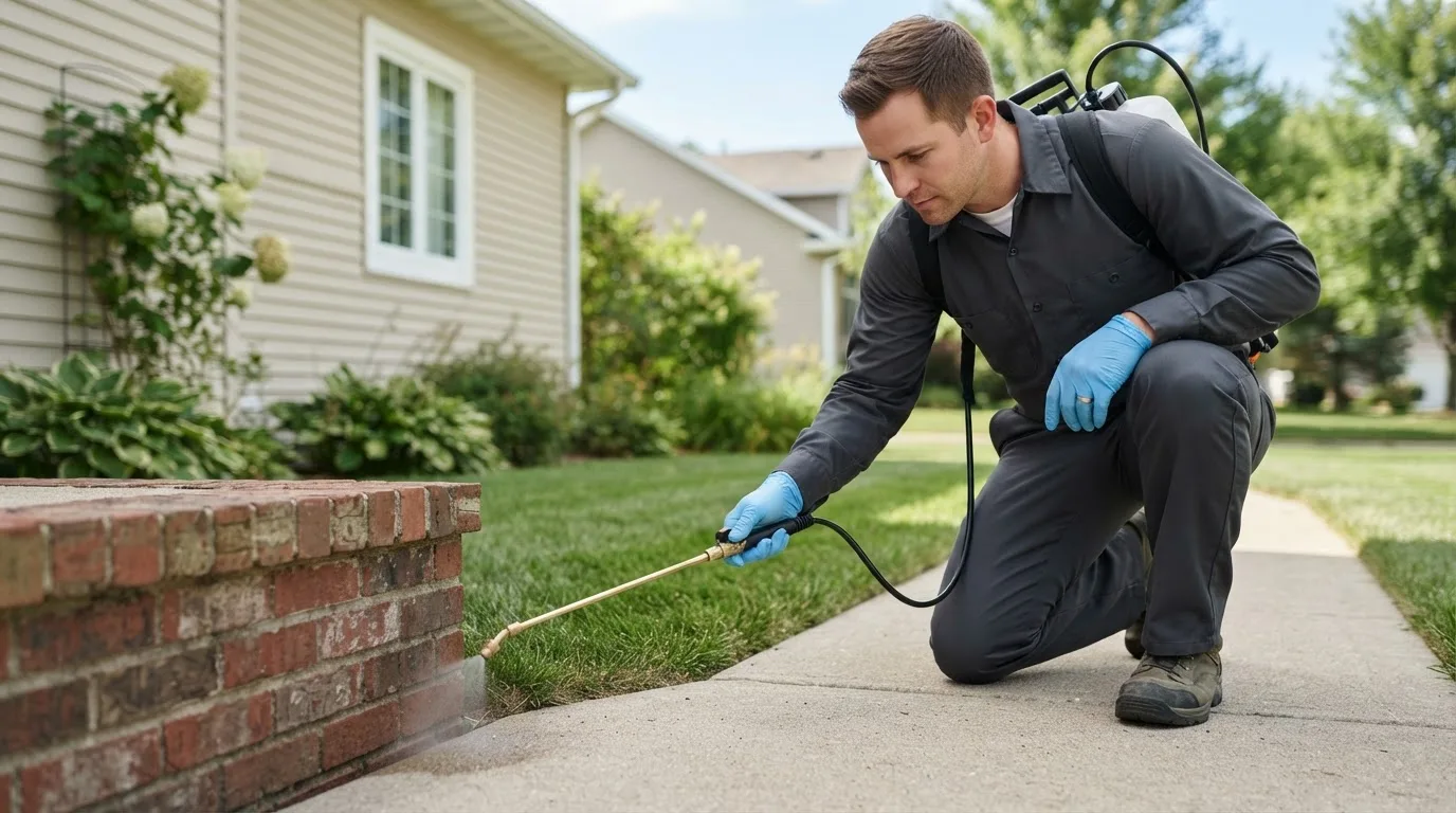 Pest control technician treating a home near Creighton, PA